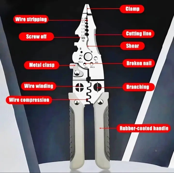 Picture of 8inch Multifunctional Wire Stripper and Crimping Tool or Professionl Electrician Stainless Steel Wire Puller Plier, wire Cutter for Wiring, Looping, Cutting, Splitting, Gripping, Twisting, Nail Pulling and Electrical Stripping Tools- The Asia Express