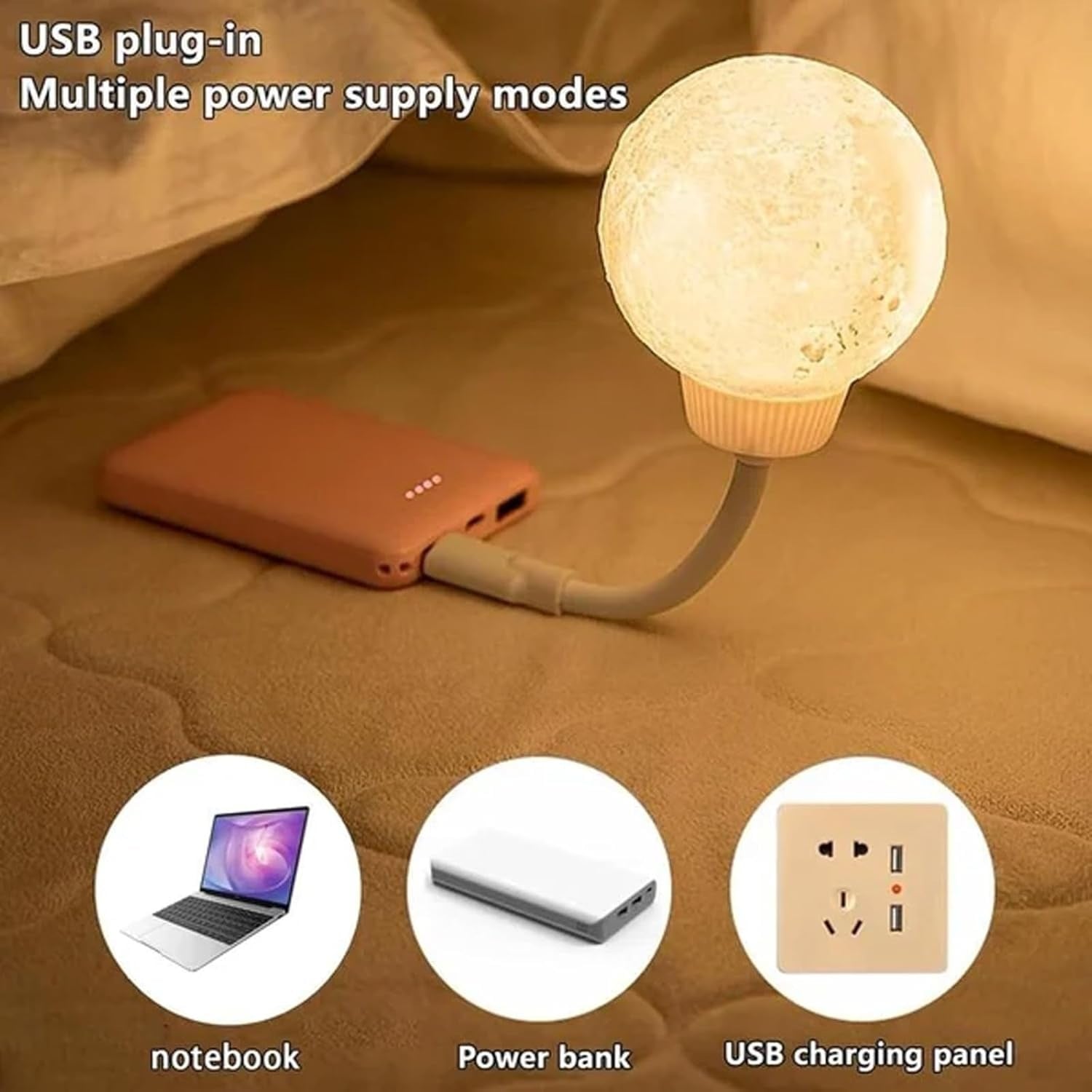 Picture of New Design USB Energy-Saving Voice-Controlled Night Light, Moon-Shaped Plug-In Lamp, 3 Lighting Modes,  Rotating Ambient Light for Home & Bedroom- The Asia Express - White
