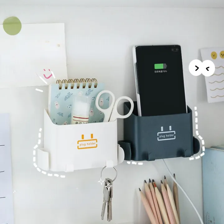 Picture of 1pcs Wall Mounted Organizer Storage Box Remote Control Mounted Mobile Phone Plug Wall Holder Charging Multifunction Holder StandPlastic Square Shaped Charging Rack Conditioner Remote Wall Mounted Shelf - Stylish Design - Multicolor