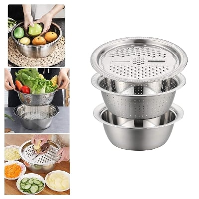 Picture of Germany Multifunctional Stainless Steel Basin Set Mixing Bowl Set Grater Bowl 3 In 1 Salad Maker Bowl Mixing Bowl Set With Drain- The Asia Express