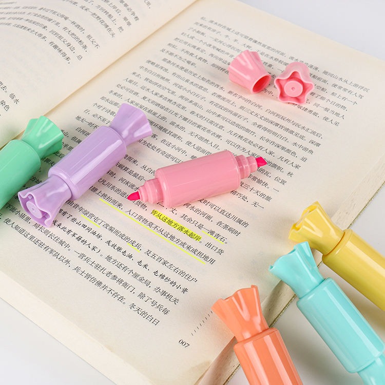 Picture of 6 Pcs Mini Cute Candy Shape Dual Tip Highlighter Pens – Fluorescent Water-Based Ink Markers with Fruit Scent | Double-End Coloring & Drawing Stationery for Students & Kids - The Asia Express - Multicolor