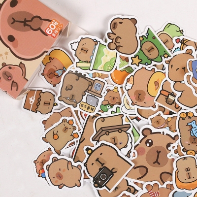 Picture of Capybara Waterproof 60pcs PVC Cartoon Sticker Box Cute Animal Sario Japanese Sticker Pack for Laptop Phone Notebook Kids Stationery Gift (60pcs Sticker Box)