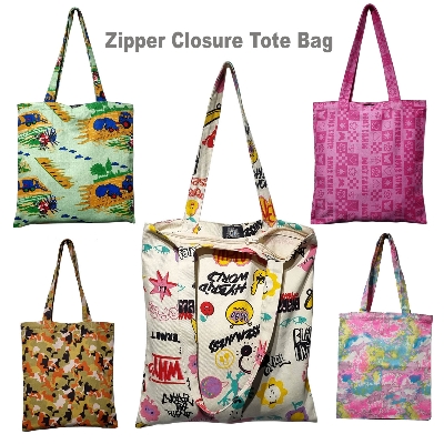 Picture of Multicolor Printed Denim Tote Bag with Zipper Closure 15.5x14 inches