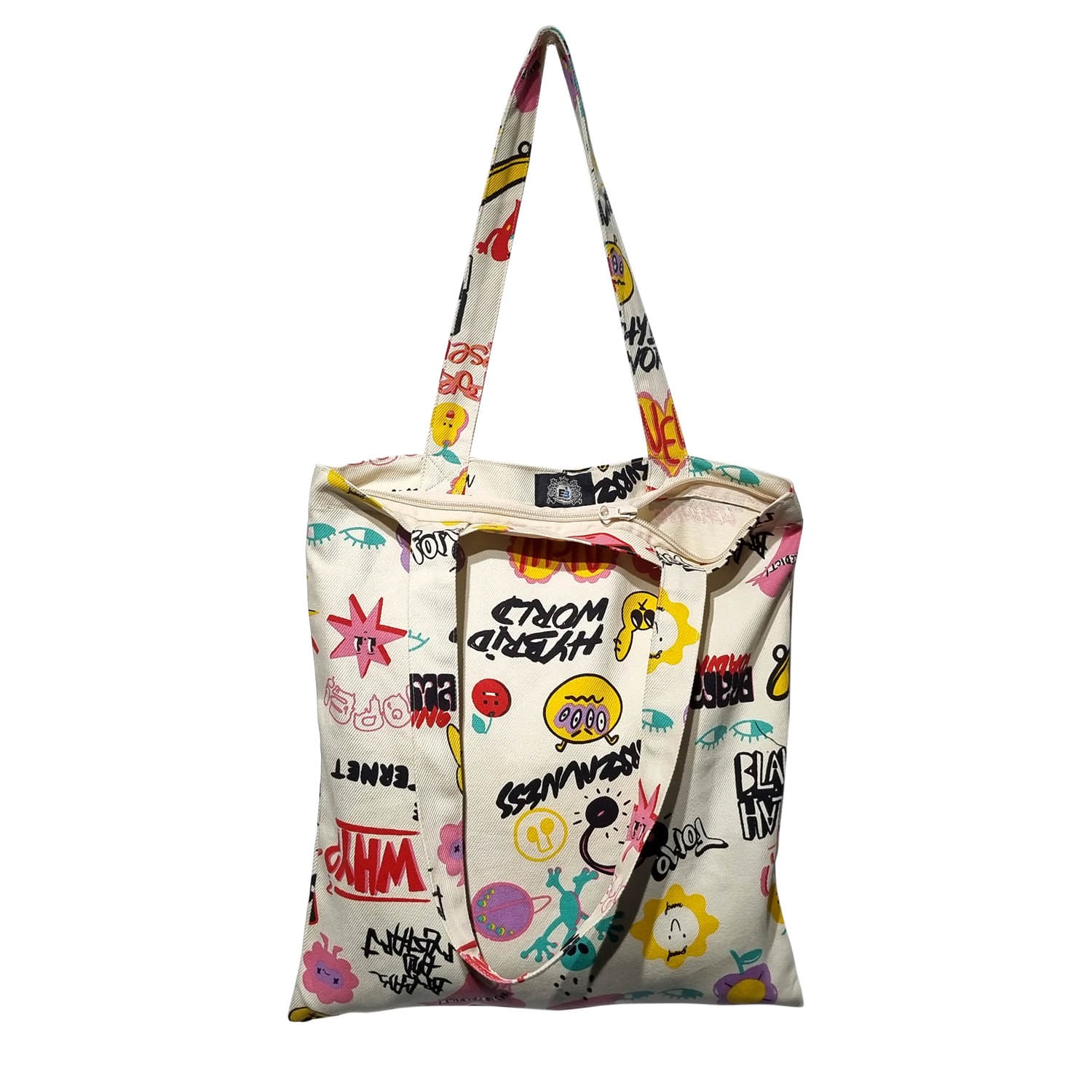 Picture of New Hipster Style Graffiti Print Canvas Tote Bag with Zipper Closure for Women Cream