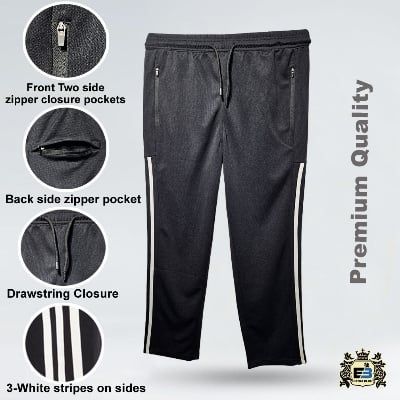 Picture of Men's Premium Quality Athletic Track Pants with Zip Pockets and Side Stripes - Full Length Drawstring Joggers Black