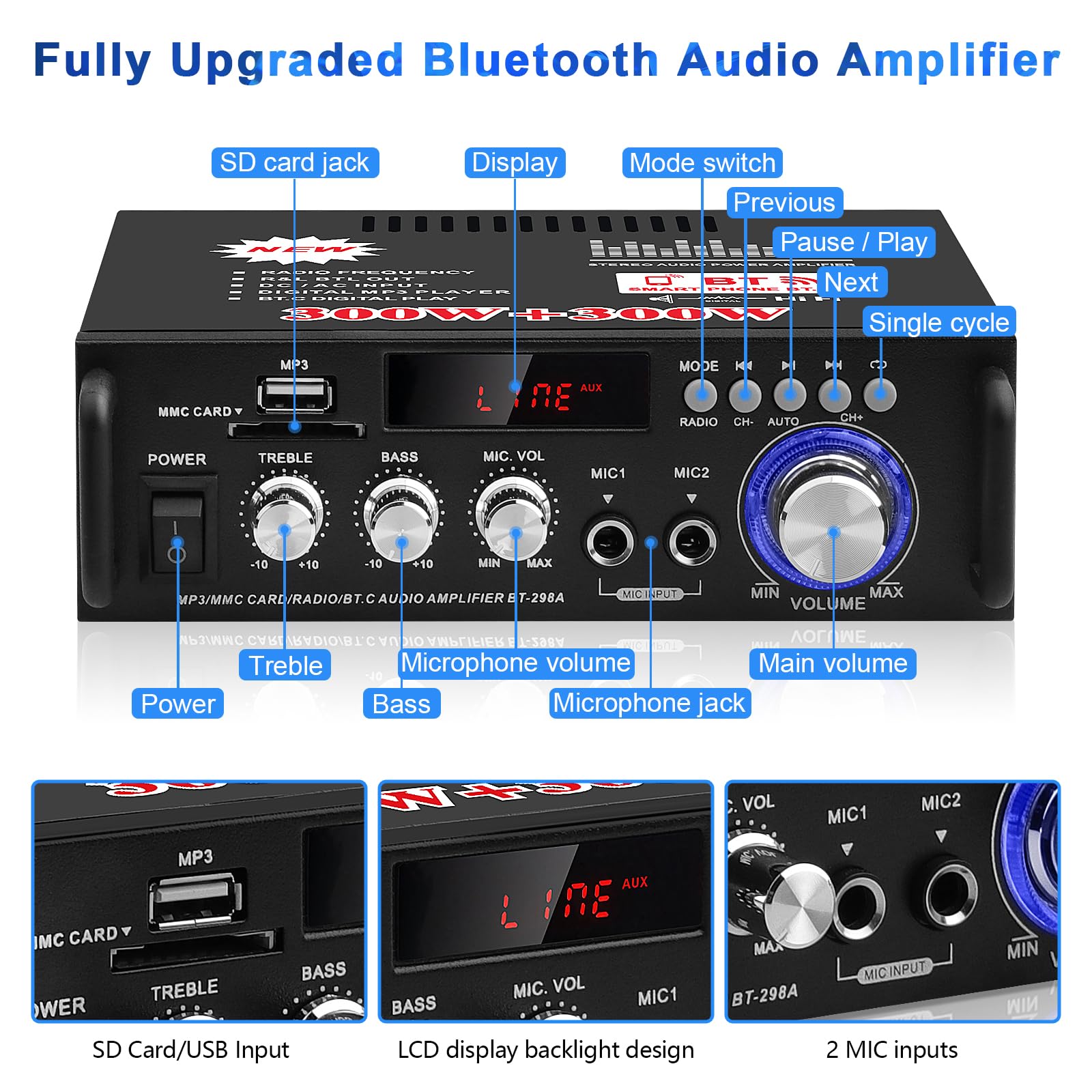 Picture of BT-298A Bluetooth Amplifier 2.0CH Stereo Receivers RMS 300W+300W Integrated FM Radio,Karaoke,HiFi Sound Amp Bluetooth 5.0 AUX MIC SD USB Input Receiver Stereo for Home,Car,Party