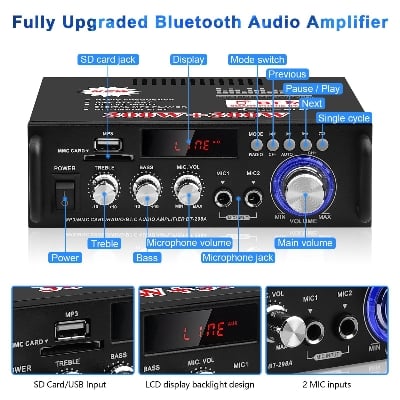 Picture of BT-298A Bluetooth Amplifier 2.0CH Stereo Receivers RMS 300W+300W Integrated FM Radio,Karaoke,HiFi Sound Amp Bluetooth 5.0 AUX MIC SD USB Input Receiver Stereo for Home,Car,Party