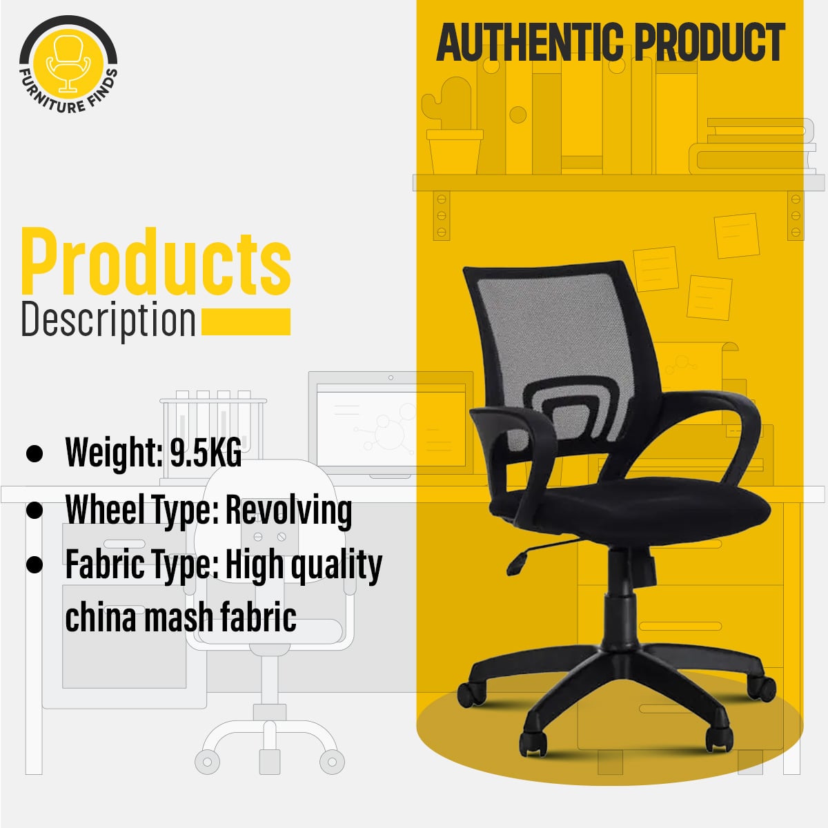 Picture of Furniture Finds Executive Chair FF-EC-01p Smart Office Executive Chair (Plastic Base) - Black