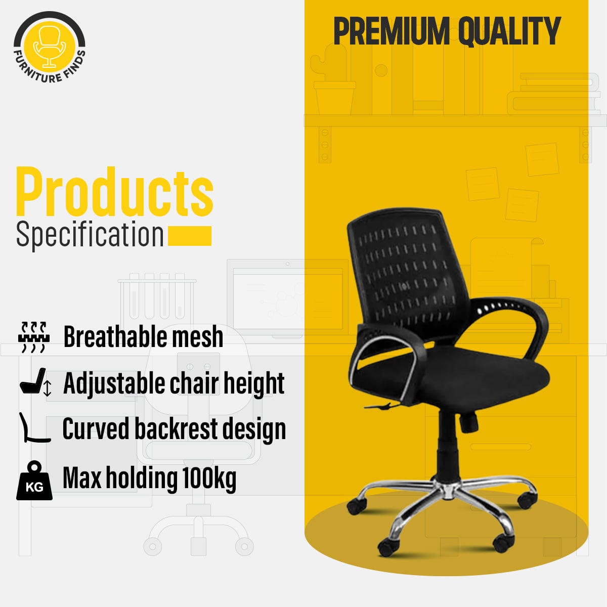 Picture of Furniture Finds FF-EC-03ss Smart Office Executive Chair (best Back Support Chair ) Dim-Mesh (Black)