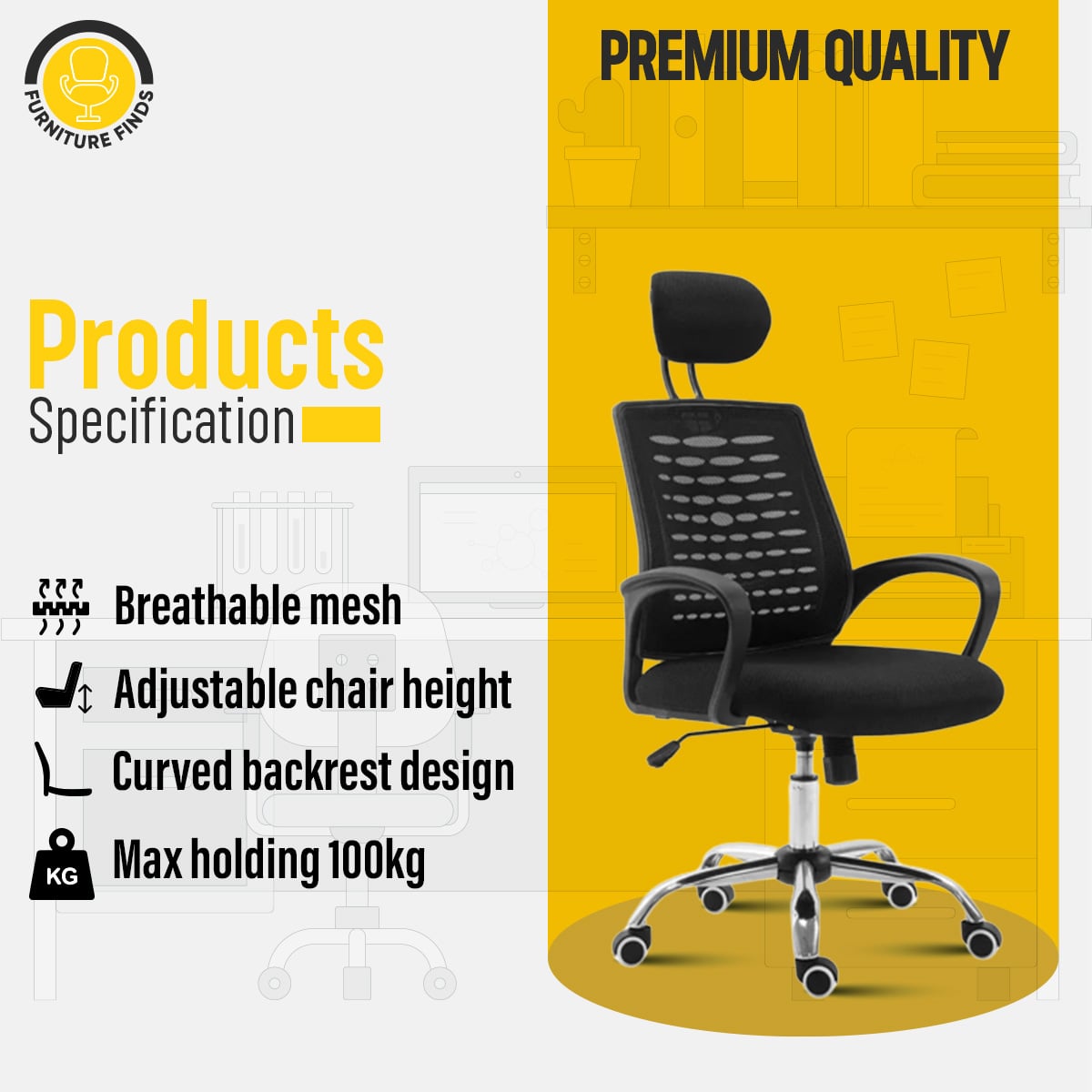 Picture of Furniture Finds FF-EC-06ss Executive chair with headrest (Goal Mesh)