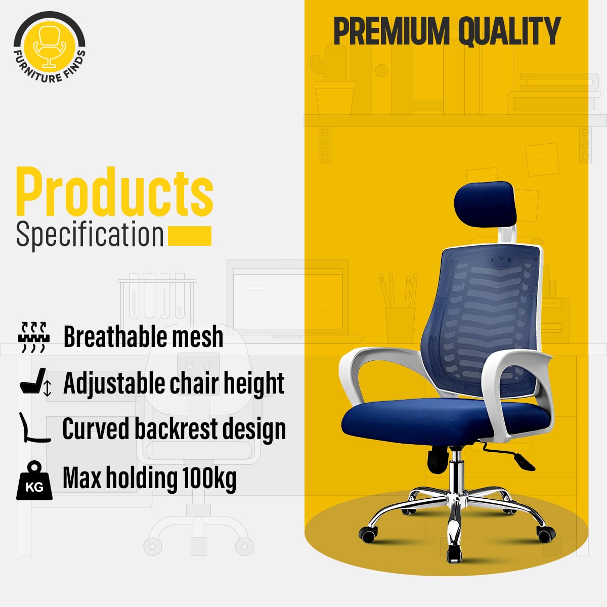 Picture of Furniture Finds FF-EC-07ss ( white&blue) Smart Office Manager chair with Headrest (V-Mesh)