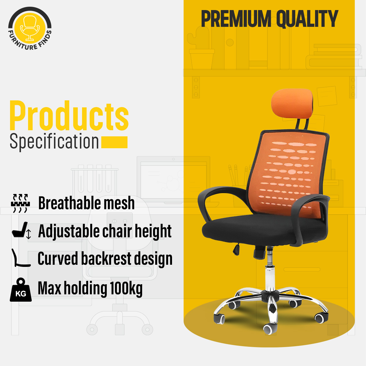 Picture of Furniture Finds FF-EC-05ss Executive chair with headrest  (Orange)