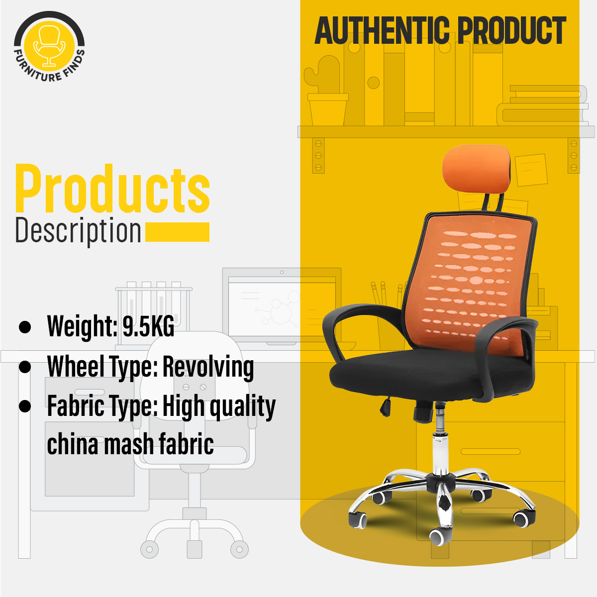 Picture of Furniture Finds FF-EC-05ss Executive chair with headrest  (Orange)