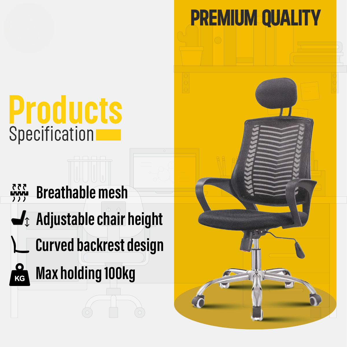 Picture of Furniture Finds FF-EC-07ss ( BLACK ) Smart Office Executive chair with Headrest (V-Mesh)