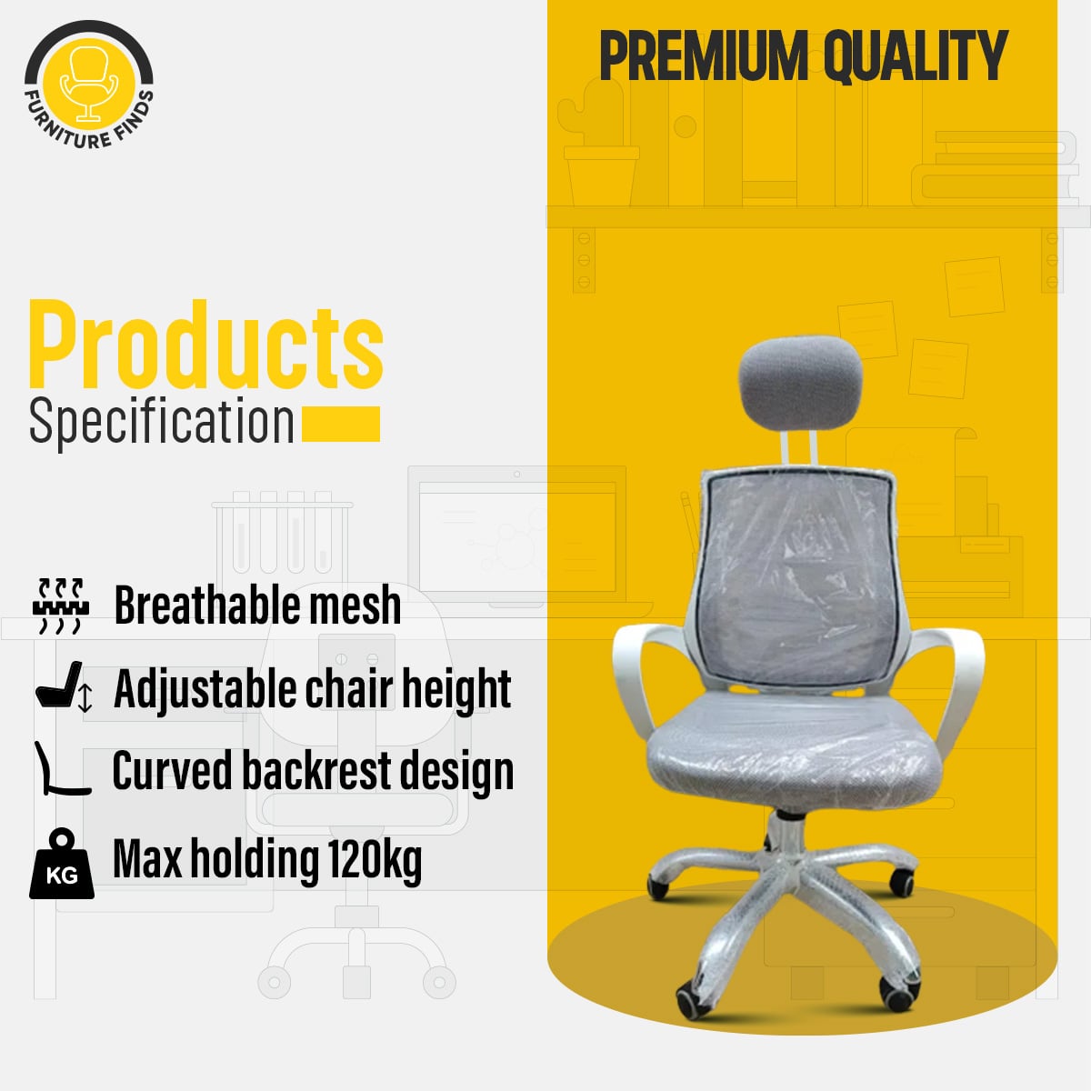 Picture of Furniture Finds FF-ec-07ss (Full White) smart Office Executive Chair with Headrest (V-Mesh) (White)