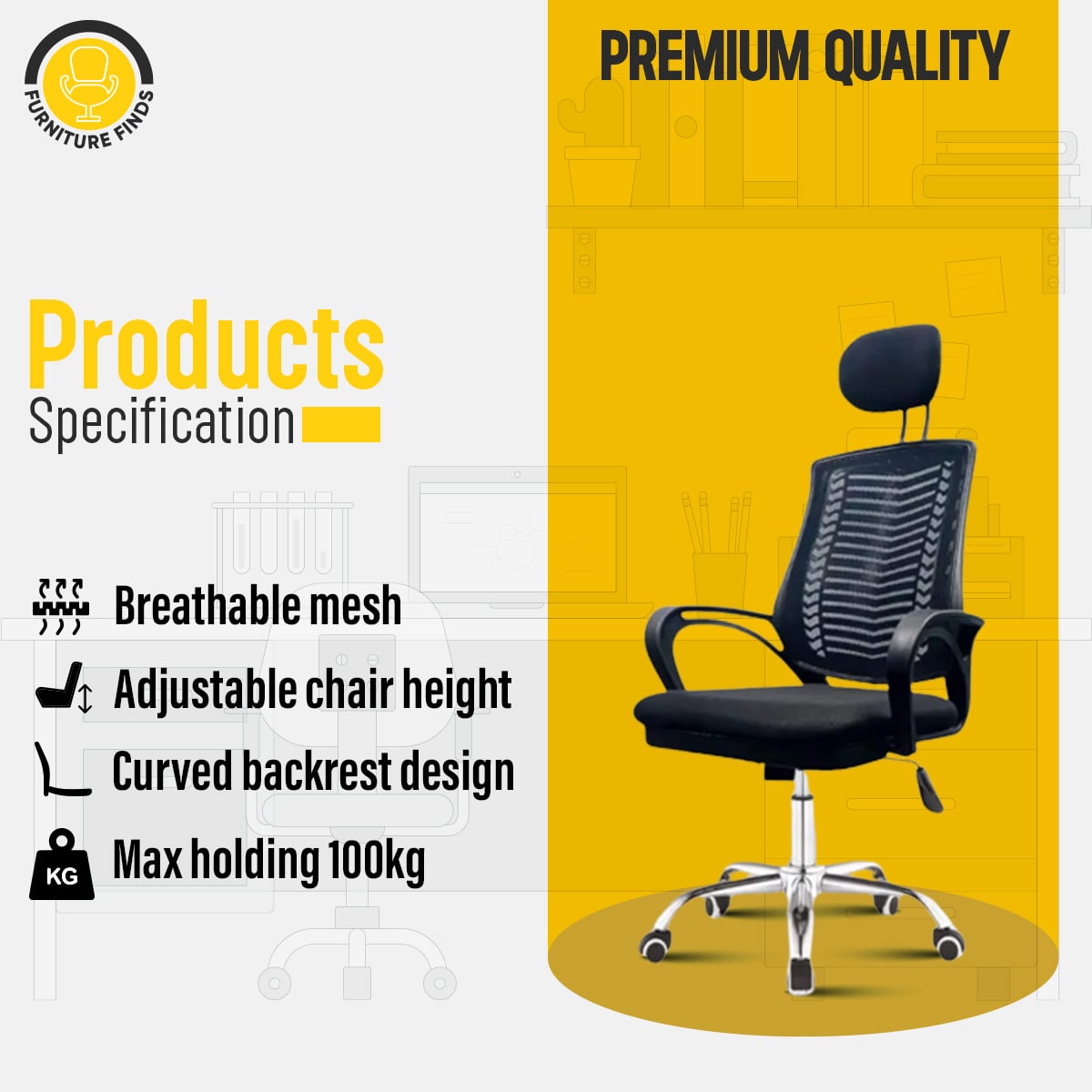 Picture of Furniture Finds FF Ec-07SB [V-MESH] Black Smart Executive office Chair With Head Rest