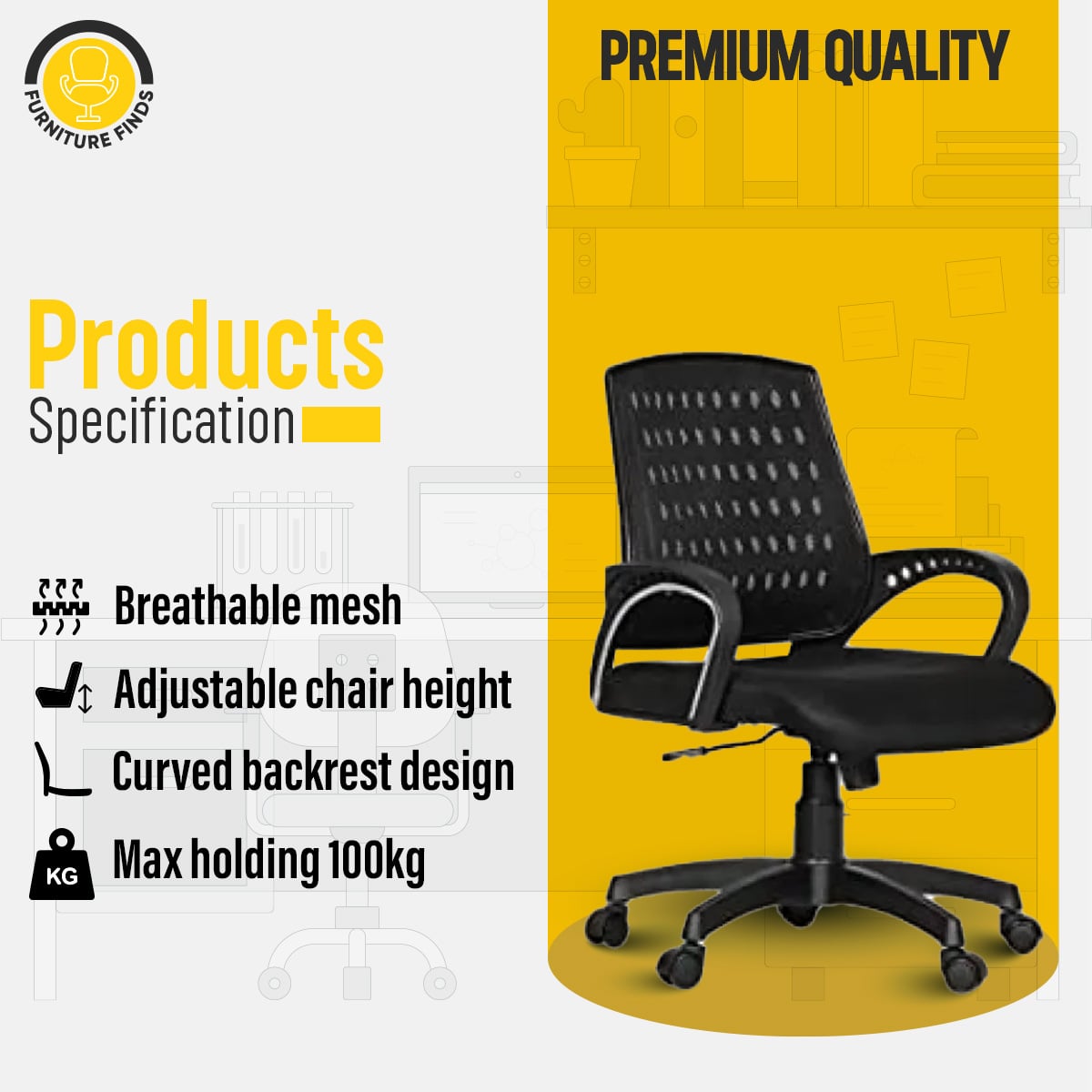 Picture of Furniture Finds FF-EC-03p Smart Office Executive Chair (Best Back Support Chair ) Dim-Mesh (Black)
