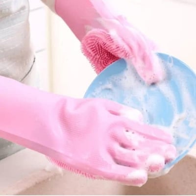 Picture of High Quality Silicone Dish Washing Kitchen Hand Gloves - Multicolor 