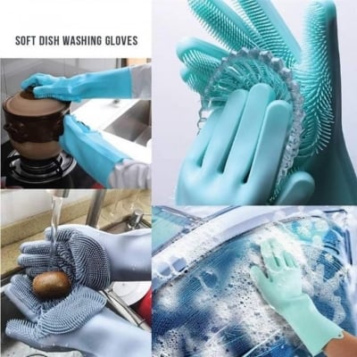 Picture of High Quality Silicone Dish Washing Kitchen Hand Gloves - Multicolor 