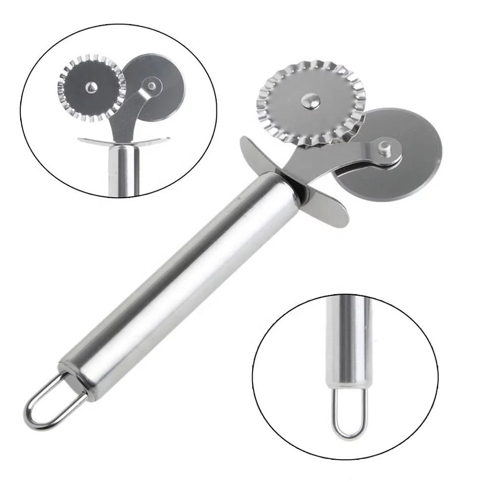 Picture of Double Roller Stainless Steel Pizza Cutter Utensils Pizza Tools Cake Tools Pizza Slicer Peel (Silver)