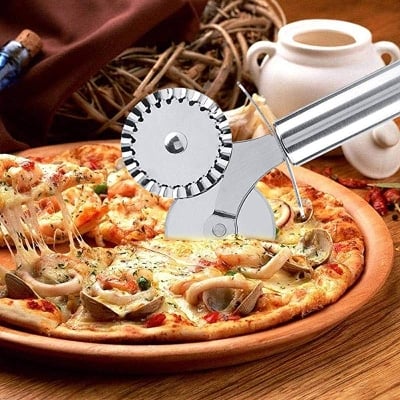 Picture of Double Roller Stainless Steel Pizza Cutter Utensils Pizza Tools Cake Tools Pizza Slicer Peel (Silver)