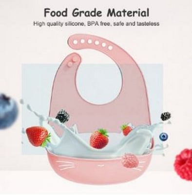 Picture of HelloKimi Baby Bibs Silicone Waterproof Feeding Bib Foldable Anti-dirty Bib Children Eating Meal Bib Infant Self Feeding Silicon Bib Toddler Boys Girls Adjustable Bibs (Pink)