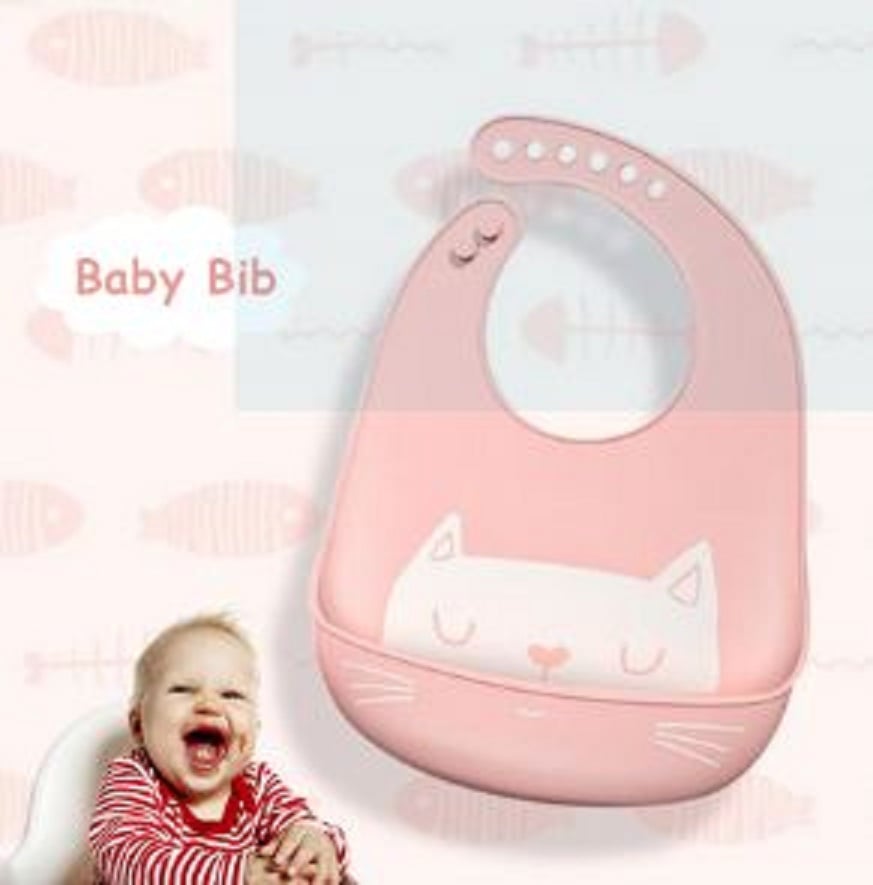 Picture of HelloKimi Baby Bibs Silicone Waterproof Feeding Bib Foldable Anti-dirty Bib Children Eating Meal Bib Infant Self Feeding Silicon Bib Toddler Boys Girls Adjustable Bibs (Pink)