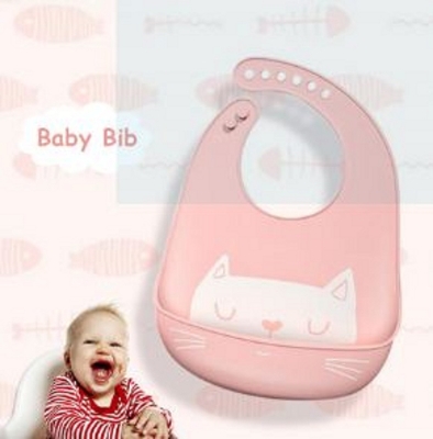 Picture of HelloKimi Baby Bibs Silicone Waterproof Feeding Bib Foldable Anti-dirty Bib Children Eating Meal Bib Infant Self Feeding Silicon Bib Toddler Boys Girls Adjustable Bibs (Pink)