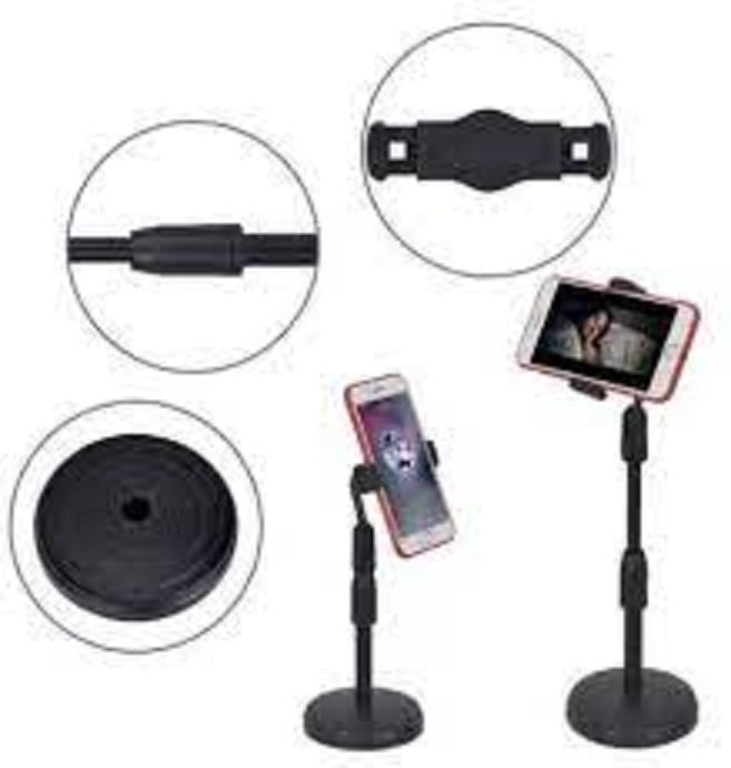 Picture of Desktop mobile phone holder stand 360 rotate for Live video, 360 Rotate Mobile Phone Holder Desktop Stand Adjustable height for Live Streaming Shoot Video Round Base Smartphone (Black)