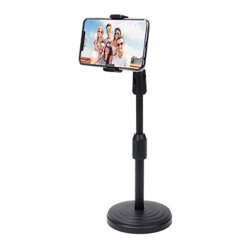 Picture of Desktop mobile phone holder stand 360 rotate for Live video, 360 Rotate Mobile Phone Holder Desktop Stand Adjustable height for Live Streaming Shoot Video Round Base Smartphone (Black)