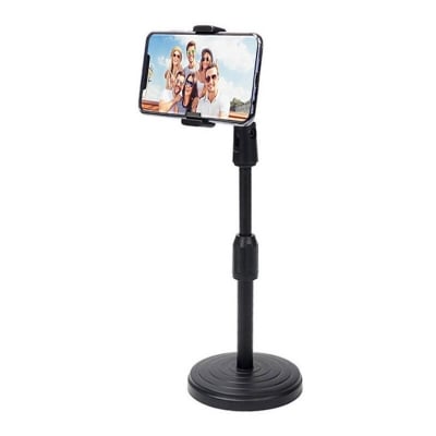 Picture of Desktop mobile phone holder stand 360 rotate for Live video, 360 Rotate Mobile Phone Holder Desktop Stand Adjustable height for Live Streaming Shoot Video Round Base Smartphone (Black)
