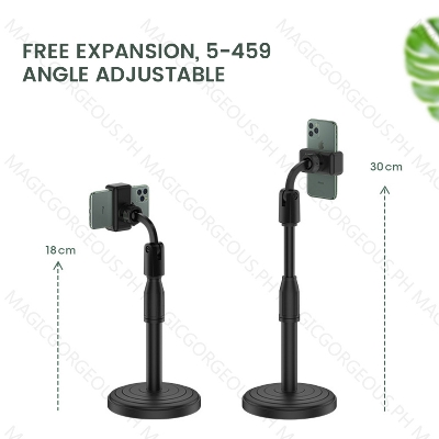 Picture of Desktop mobile phone holder stand 360 rotate for Live video, 360 Rotate Mobile Phone Holder Desktop Stand Adjustable height for Live Streaming Shoot Video Round Base Smartphone (Black)
