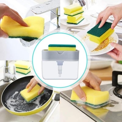 Picture of 2 In1 Kitchen Liquid Soap Pump Dispenser Sponge Holder Press Countertop Rack With Sponge Holder Kitchen Cleaner Tool Gray (Multicolor)