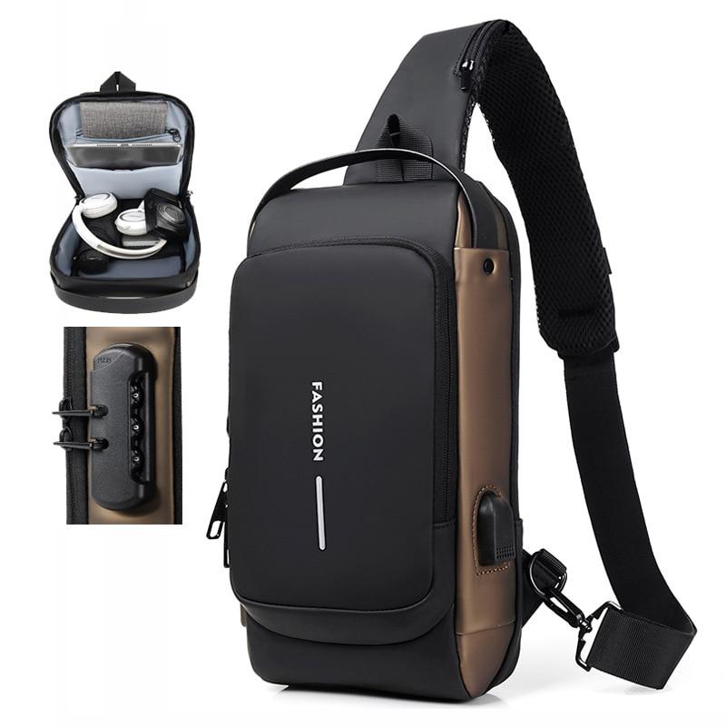 Picture of Multifunction Patent Leather Chest Bag Men Waterproof Men Crossbody Bag Anti-theft Travel Bag Male USB Charging Chest Bag Pack (Brown)