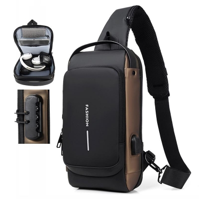 Picture of Multifunction Patent Leather Chest Bag Men Waterproof Men Crossbody Bag Anti-theft Travel Bag Male USB Charging Chest Bag Pack (Brown)