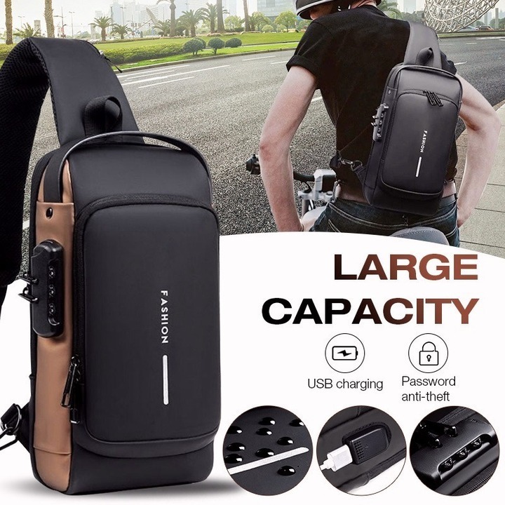 Picture of Multifunction Patent Leather Chest Bag Men Waterproof Men Crossbody Bag Anti-theft Travel Bag Male USB Charging Chest Bag Pack (Brown)