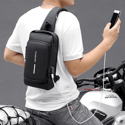 Picture of Multifunction Patent Leather Chest Bag Men Waterproof Men Crossbody Bag Anti-theft Travel Bag Male USB Charging Chest Bag Pack (Black)