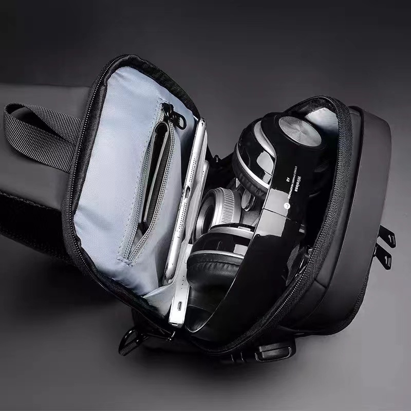 Picture of Multifunction Patent Leather Chest Bag Men Waterproof Men Crossbody Bag Anti-theft Travel Bag Male USB Charging Chest Bag Pack (Black)