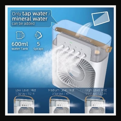 Picture of Air Cooler Fan 3 in 1 Mini Portable Fan Humidifier with 7 Colors LED Light Air Conditioner Cooler Water Cooling (Multicolor)