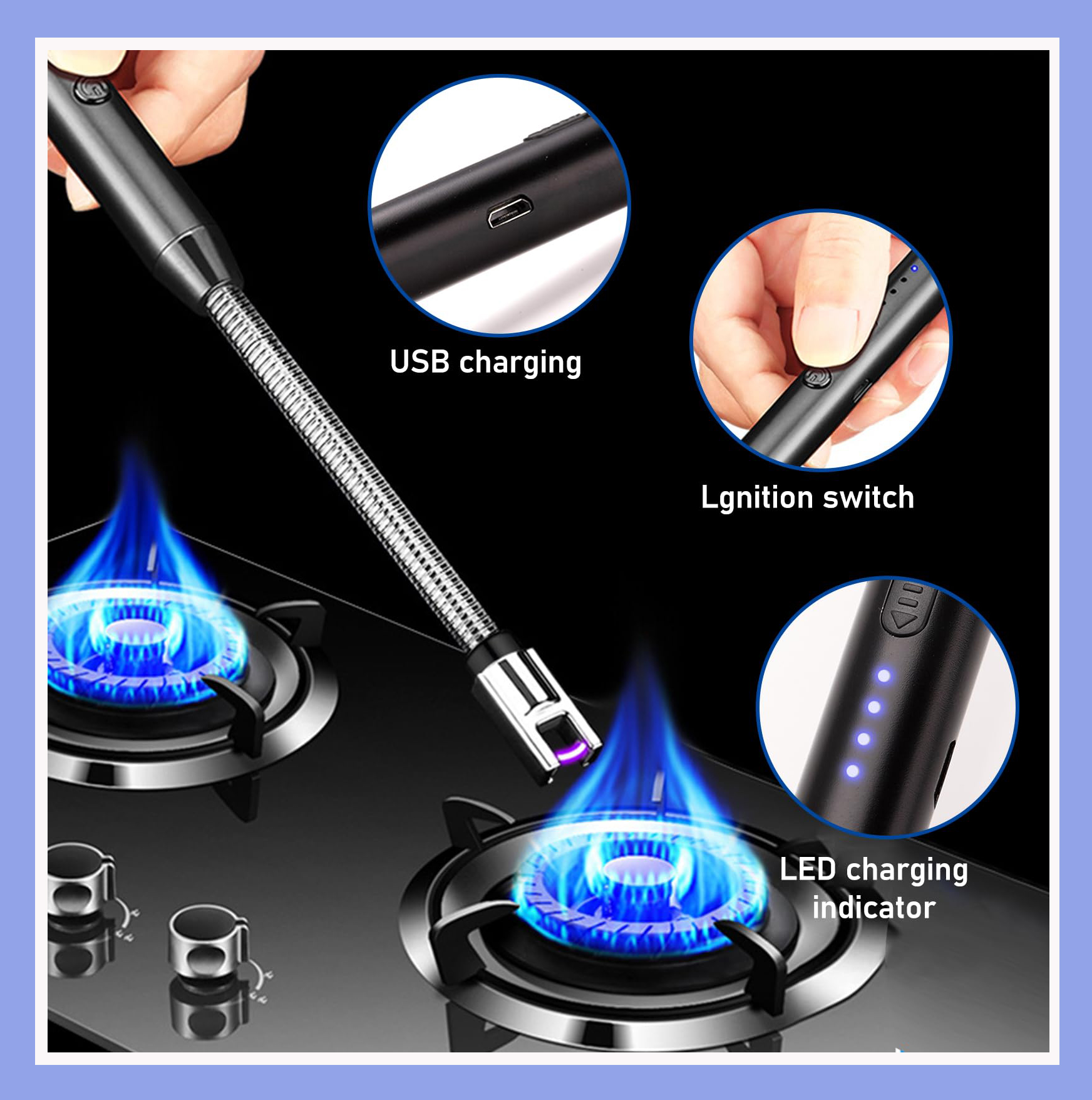 Picture of Modern Outdoor Portable Electric Kitchen Gas Lighter/Arc Lighter USB Rechargeable Long Lighter Windproof Candle Lighter Outdoor Plasma Flexible Neck 