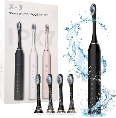 Picture of Electric Toothbrush Sonic Rechargeable Toothbrush | IPX7 Waterproof USB Toothbrush with 4 Dupont Brush Heads | Tartar Remover Portable Sonic Cleaner for Personal & Household Dental Care | Electric Toothbrush | Electric toothbrush | Rechargeable Brush | X3 (Black)