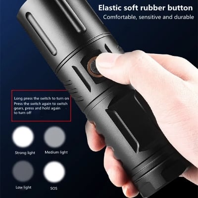 Picture of HIGH POWERED MULTI PURPOSE Zoomable Strong Light T40 LED Flashlight USB Rechargeable Ultra-Bright Torch High Power Lantern Built-in 3*18650 Lithium Batteries FLASHLIGHT (Black)
