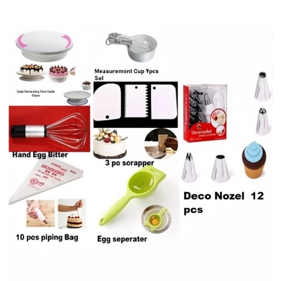 Picture of B7 Combo Turn table Measurement cup 9 pieces set 3 pieces scrapper Deco 12 Nozel set 10 pieces piping bag egg seperater and hand egg bitter -Multicolor