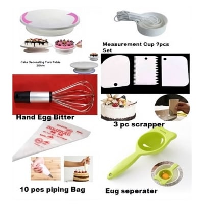 Picture of B6 Combo Turn table Measurement cup 9 pieces set 3 pieces scrapper 10 pieces piping bag egg seperater and hand egg bitter -Multicolor