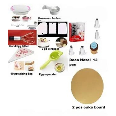 Picture of B8 Combo Turn table Measurement cup 9 pieces set 3 pieces scrapper Deco 12 Nozel set 10 pieces piping bag egg seperater  hand egg bitter and 10 inches  round board 2 pieces -Multicolor
