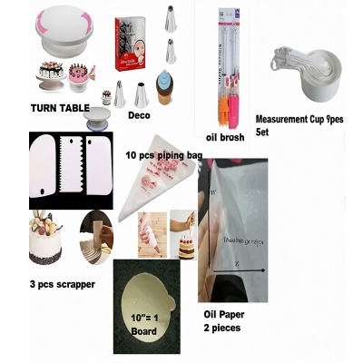 Picture of 8P Combo Turn Table Deco 12 nozel with 3 pieces Scrapper 10 piping bag Measurement cup set of 9 pieces  oil brush set oil paper 2 pcs and 10 inches 2 pcs round board -Multicolor
