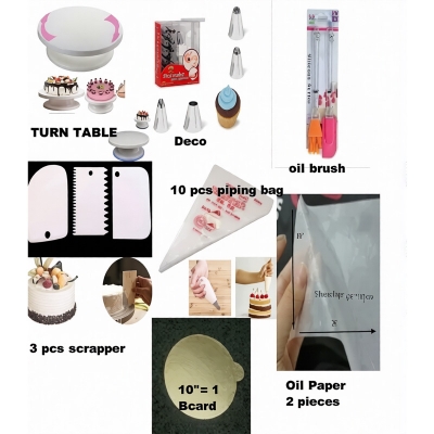 Picture of 7X Combo Turn Table Deco 12 nozel with 3 pieces Scrapper 10 piping bag oil brush set oil paper 2 pcs and 10 inches 2 pcs round board -Multicolor