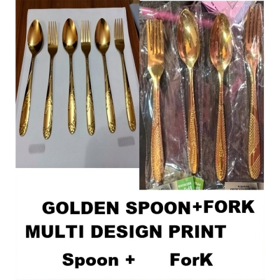 Picture of Luxury Golden Stainless Steel Multi Design print Spoon + Fork Set A Touch Of Luxury To Your Dining Table With This Golden chopped Spoon + Fork Set
