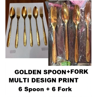 Picture of 12  Pieces 6+ 6 Luxury Golden Multi Design Print Stainless Steel 6 Spoon + 6 Fork Set A Touch Of Luxury To Your Dining Table With This Golden chopped Spoon Fork Set -Golden
