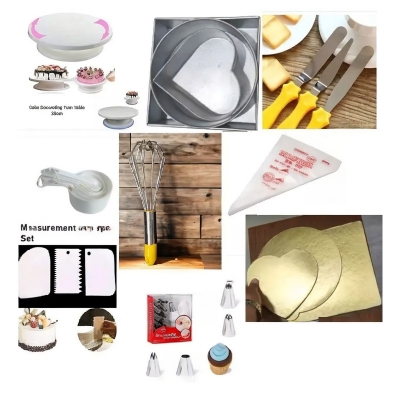 Picture of super 9C Turn Table 28 Cm , 3pcs Alu Mold set , 3 Butter planer , Measurement cup set, Tsco Bitter,10 piping bag, scrapper set , Deco 12 Nozel set , 3 pcs 3 shape Board -Multicolor